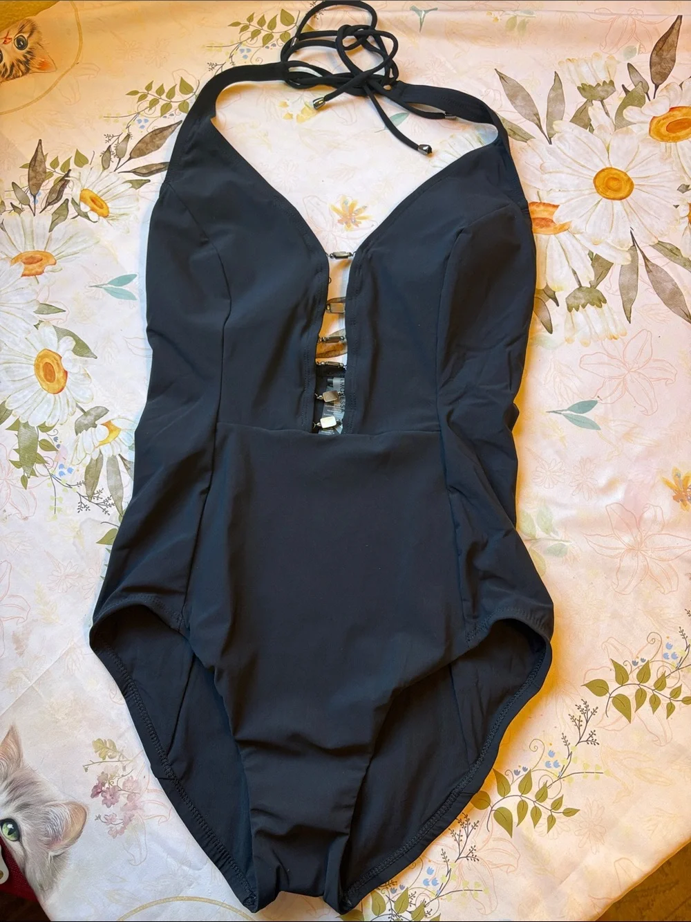 Classic Black Halter One-Piece Swimsuit with Front Lace Accent